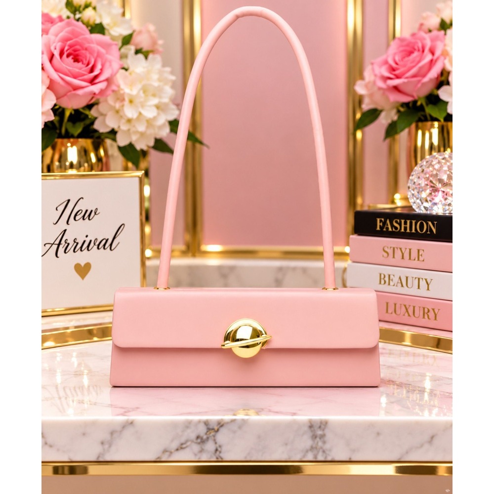 Purse Pink Structured Leather Shoulder Bag with Gold Orbital Turn-Lock Closure
